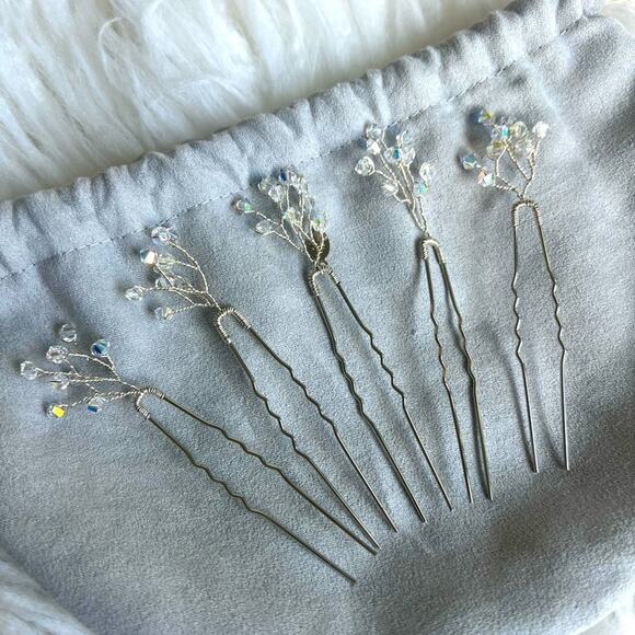BHLDN ANTHROPOLOGIE BRIDAL CRYSTAL BEADED TWIGS HAIR PINS SET OF 5 - Picture 1 of 4